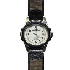 Vtg Timex Expedition Indiglo Field Camper Men’s Watch Brown Leather Canvas Band